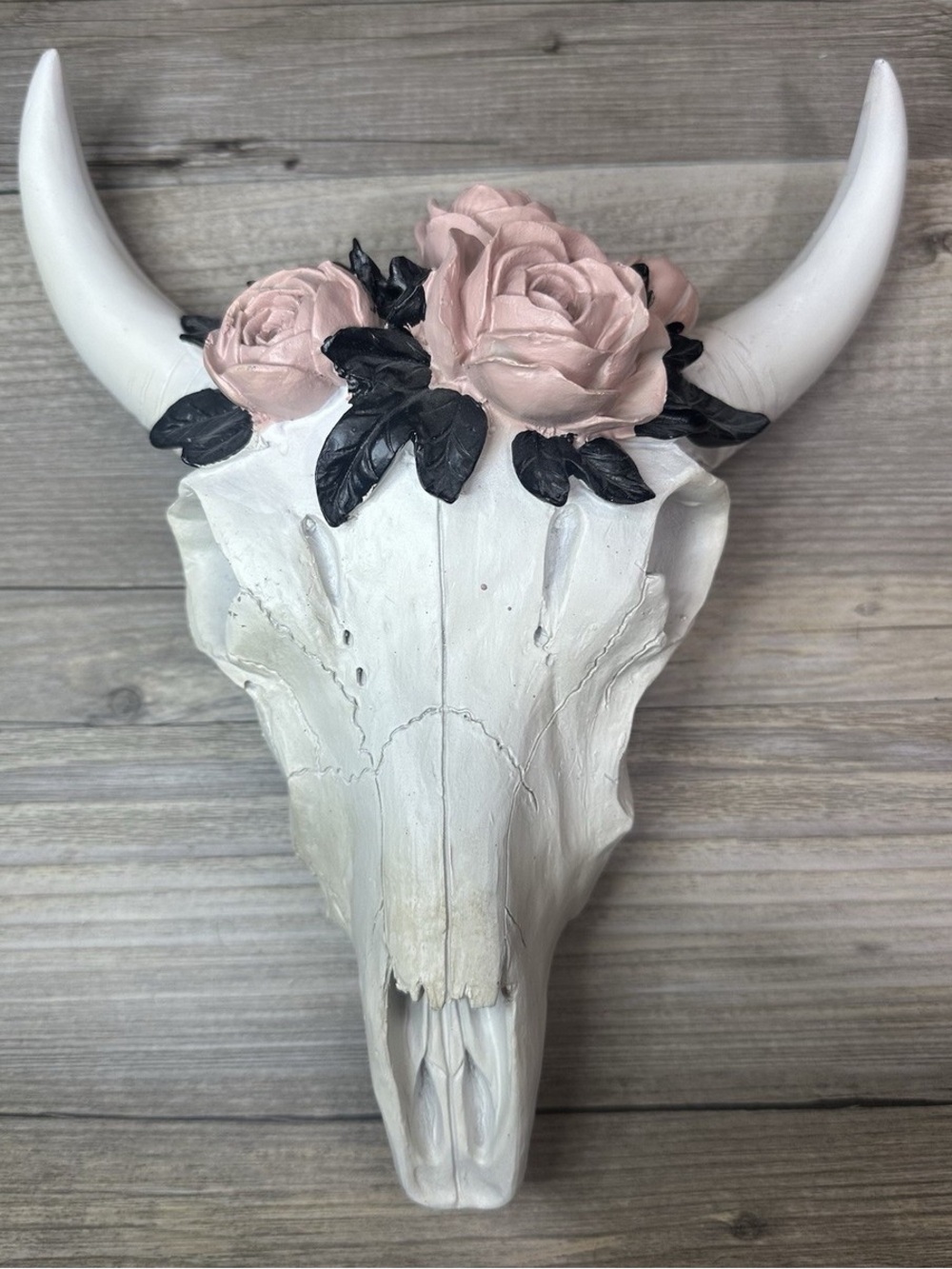 Decorative White Bull Skull Wall Accent with Pink Floral Detail